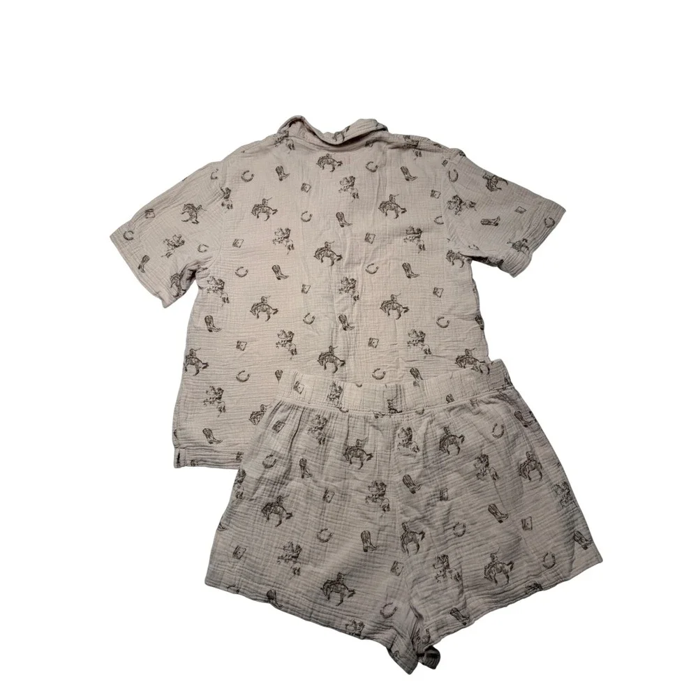 American Eagle Lounge Pink Cotton Gauze Western‎ Cowboy Pajama Set Womens Medium